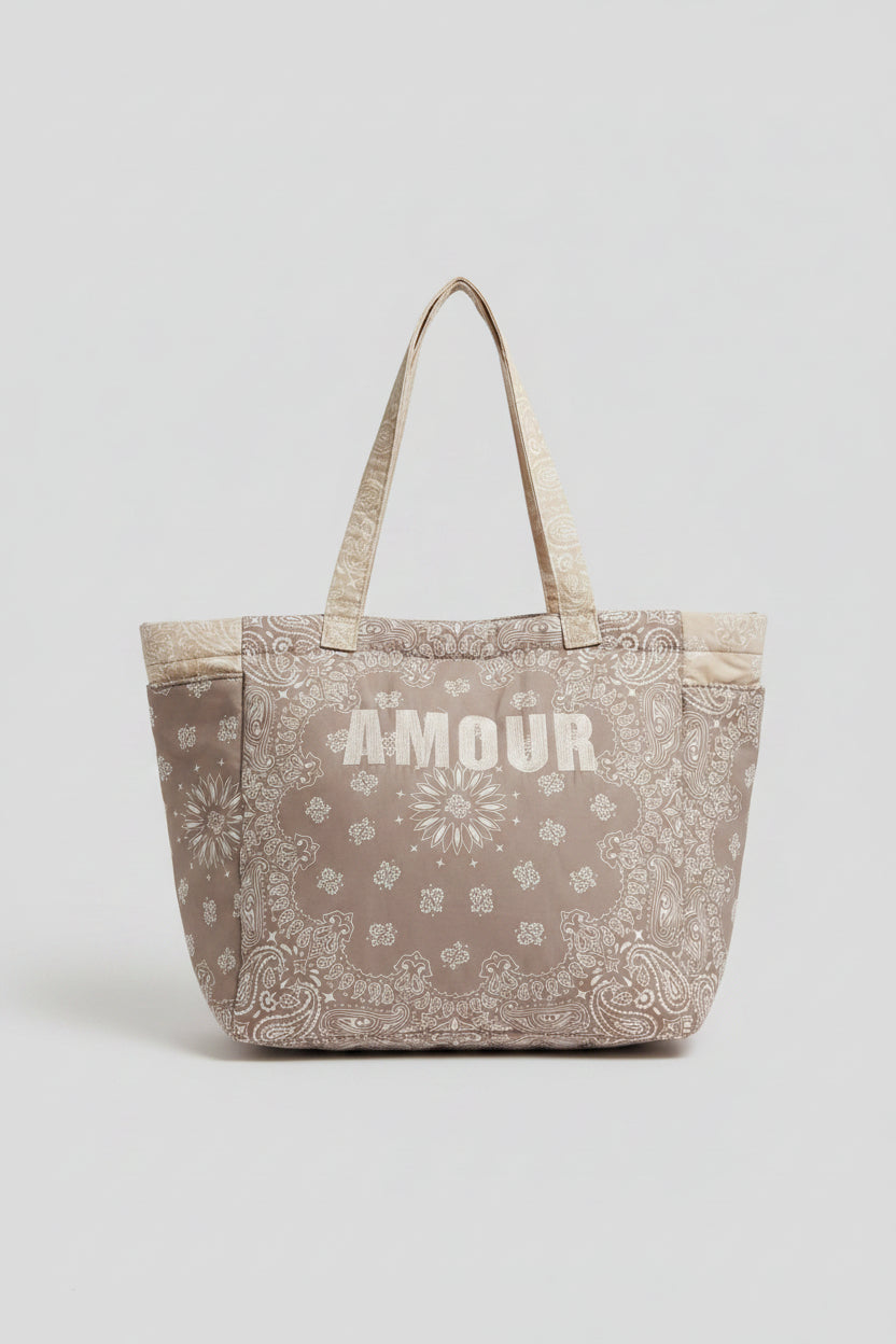 Sac de plage Splitz grège — cabas tissus imprimé bandana bi-color fermeture zip multi-poches broderie colorée — vue de face accessoire estival femme — ineva
