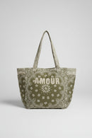 Sac de plage Splitz kaki — cabas tissus imprimé bandana bi-color fermeture zip multi-poches broderie colorée — accessoire estival femme — ineva
