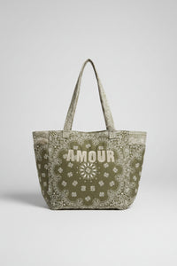 Sac de plage Splitz kaki — cabas tissus imprimé bandana bi-color fermeture zip multi-poches broderie colorée — accessoire estival femme — ineva
