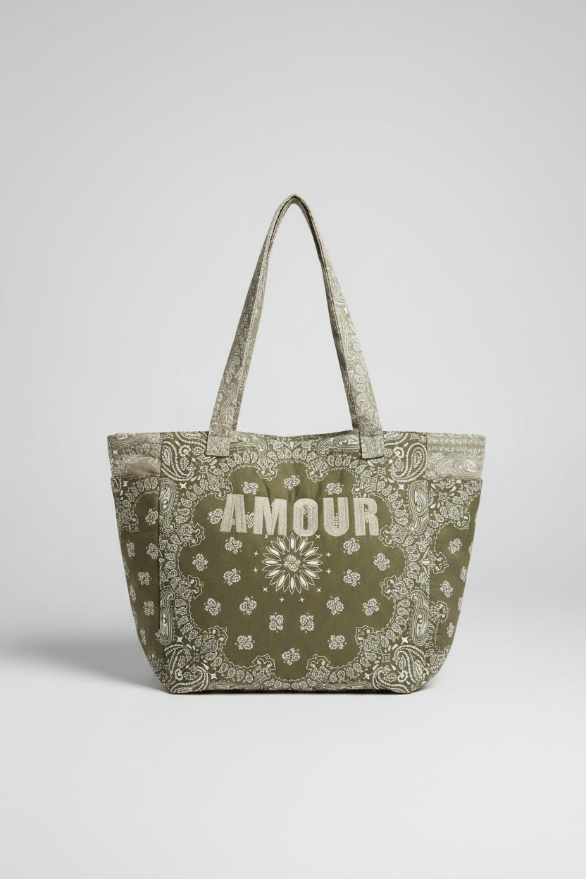 Sac de plage Splitz kaki — cabas tissus imprimé bandana bi-color fermeture zip multi-poches broderie colorée — accessoire estival femme — ineva
