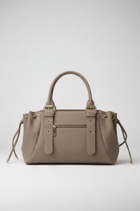 Sac Roma nubuck synthétique taupe vue de dos — bandoulière amovible réglable, côtés froncés, quincaillerie dorée — ineva
