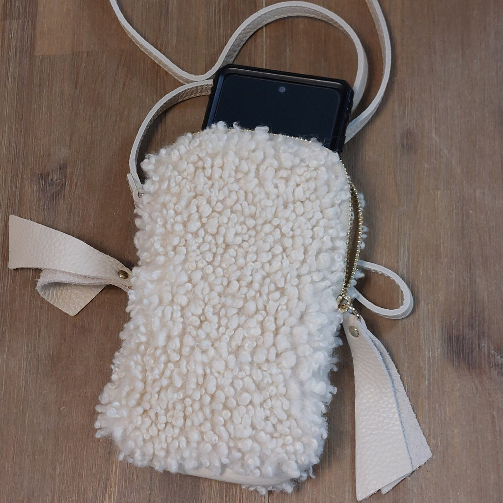 Sacoche Téléphone Alpaga Bi-Matière - Cuir Grainé & Fausse Fourrure Sherpa