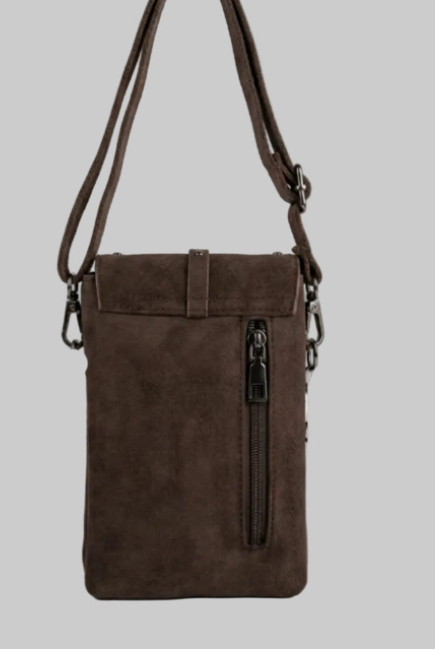 Sacoches téléphone Potello beige et noire en suédine, présentées de face avec poche extérieure à rabat

