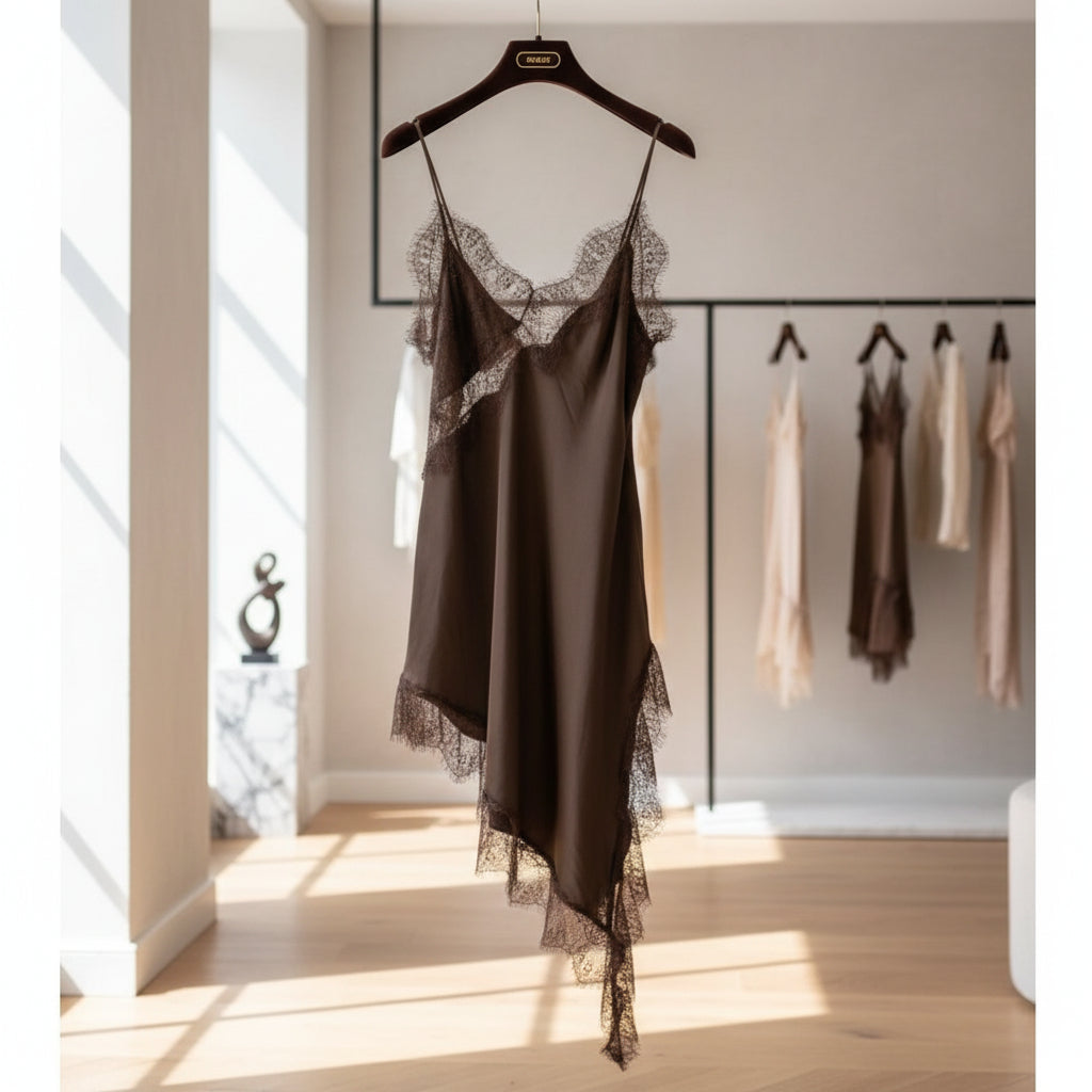 Robe Nuisette Natalia Satinée - Asymétrique Dentelle Bretelles Femme