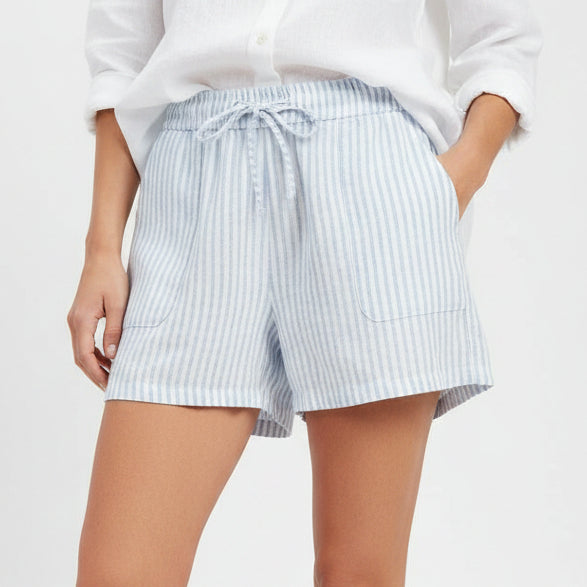	Short rayé coton lin Maé bleu ciel taille élastique 4 poches - vue de face porté - ineva