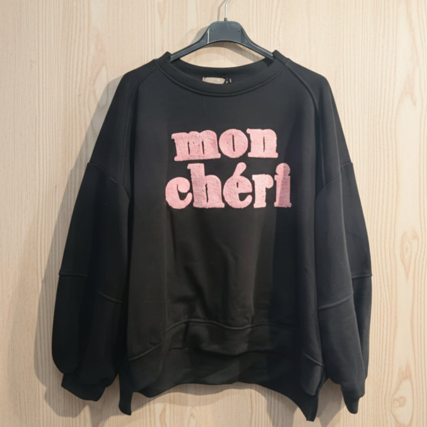 Sweat Samy coloris noir col rond avec broderie bouclette #mon chéri
