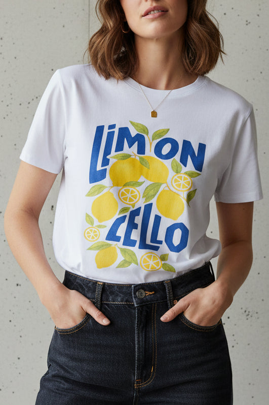 T-shirt col V Alice blanc motif bleu porté avec un jean brut — sérigraphie citrons Limoncello — look casual chic estival femme — ineva
