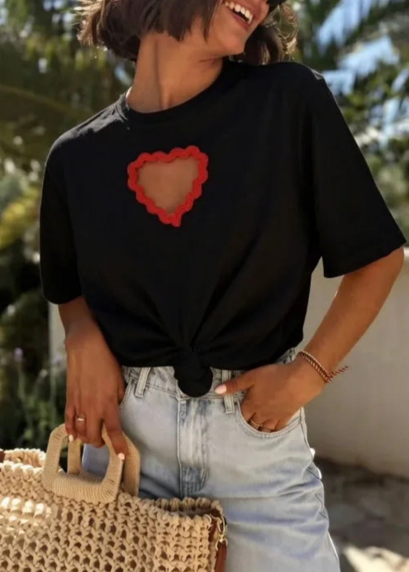 T-shirt Coton Corte — Découpe Cœur Festonnée Col Rond Manches Courtes Made in Italy