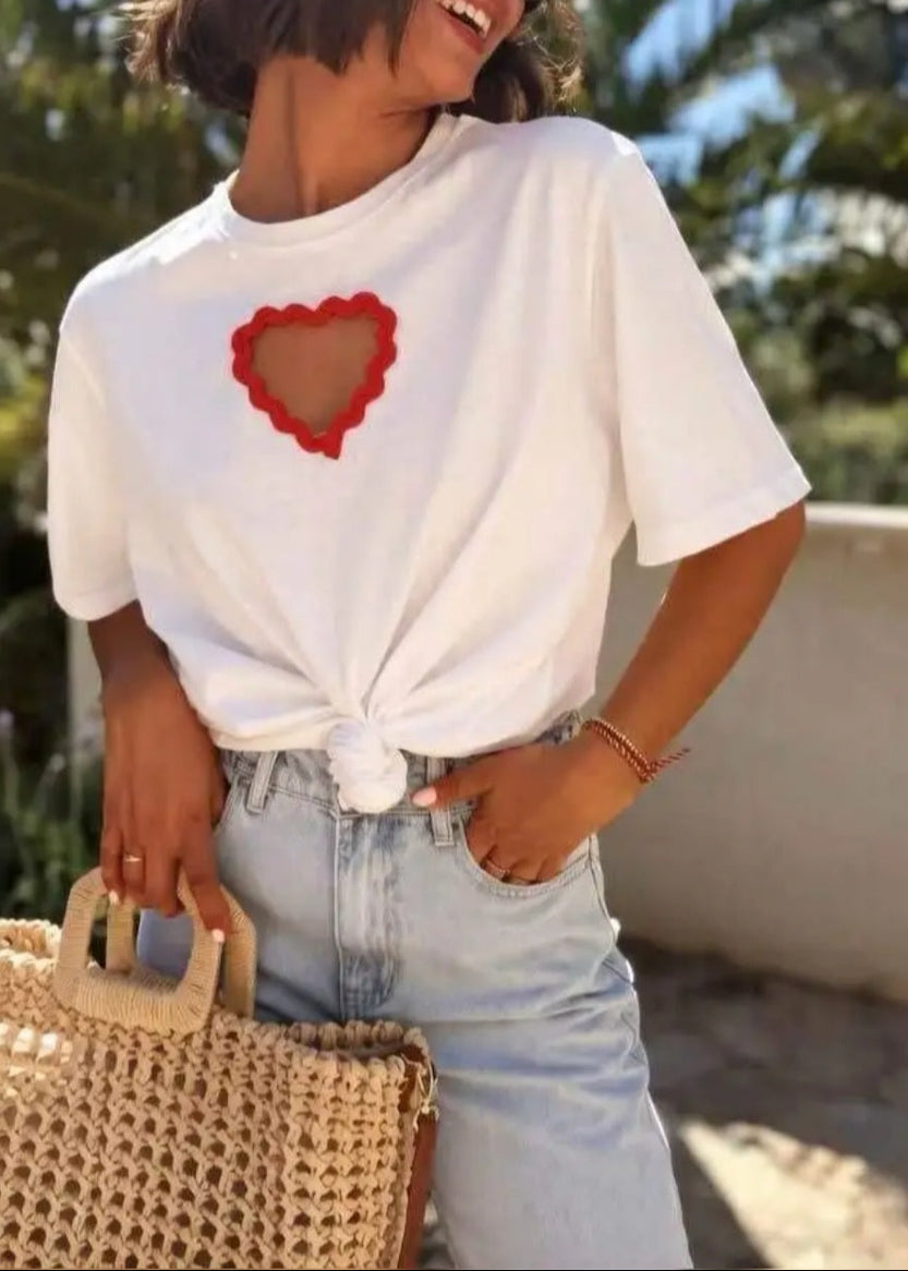 T-shirt Coton Corte — Découpe Cœur Festonnée Col Rond Manches Courtes Made in Italy