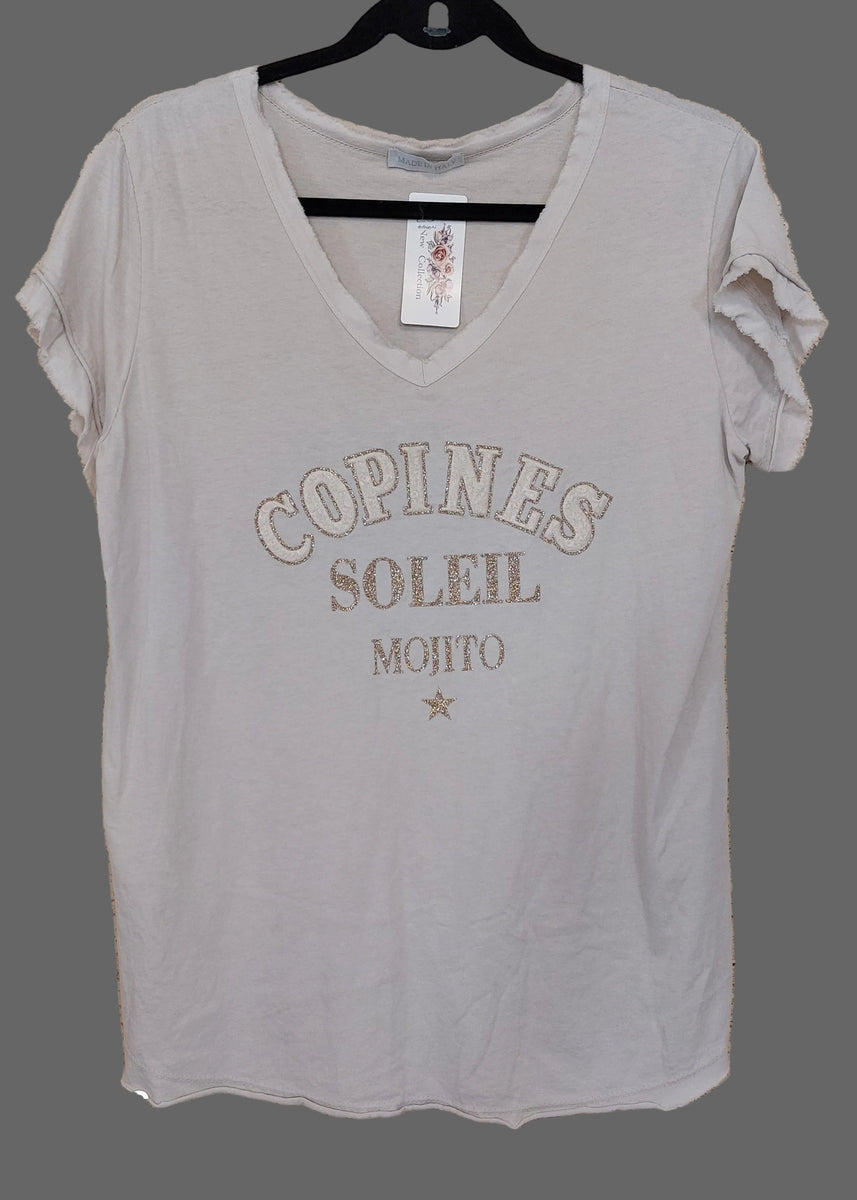 T-shirt Col V Manon — Sérigraphie Fun Coton Made in Italy Femme