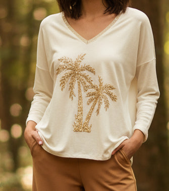 Top Abel - Col V Brodé Palmier - Maille Jersey Douce & chaude