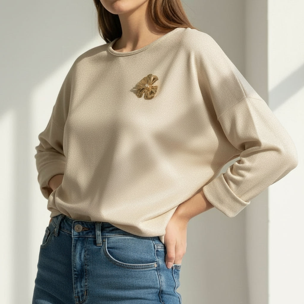 Top Femme Atex Maille Irisée - Col Rond Broche Feuille Dorée ML