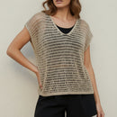 Top Cara or porté – maille gros filet lurex col V sans manches, 80% viscose fibre métallique, made in Italy