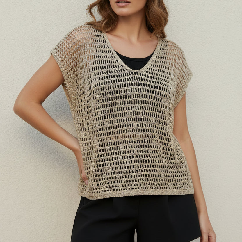 Top Cara Filet Lurex Col V Sans Manches – 80% Viscose Fibre Métallique, Made in Italy, Taille 36-42