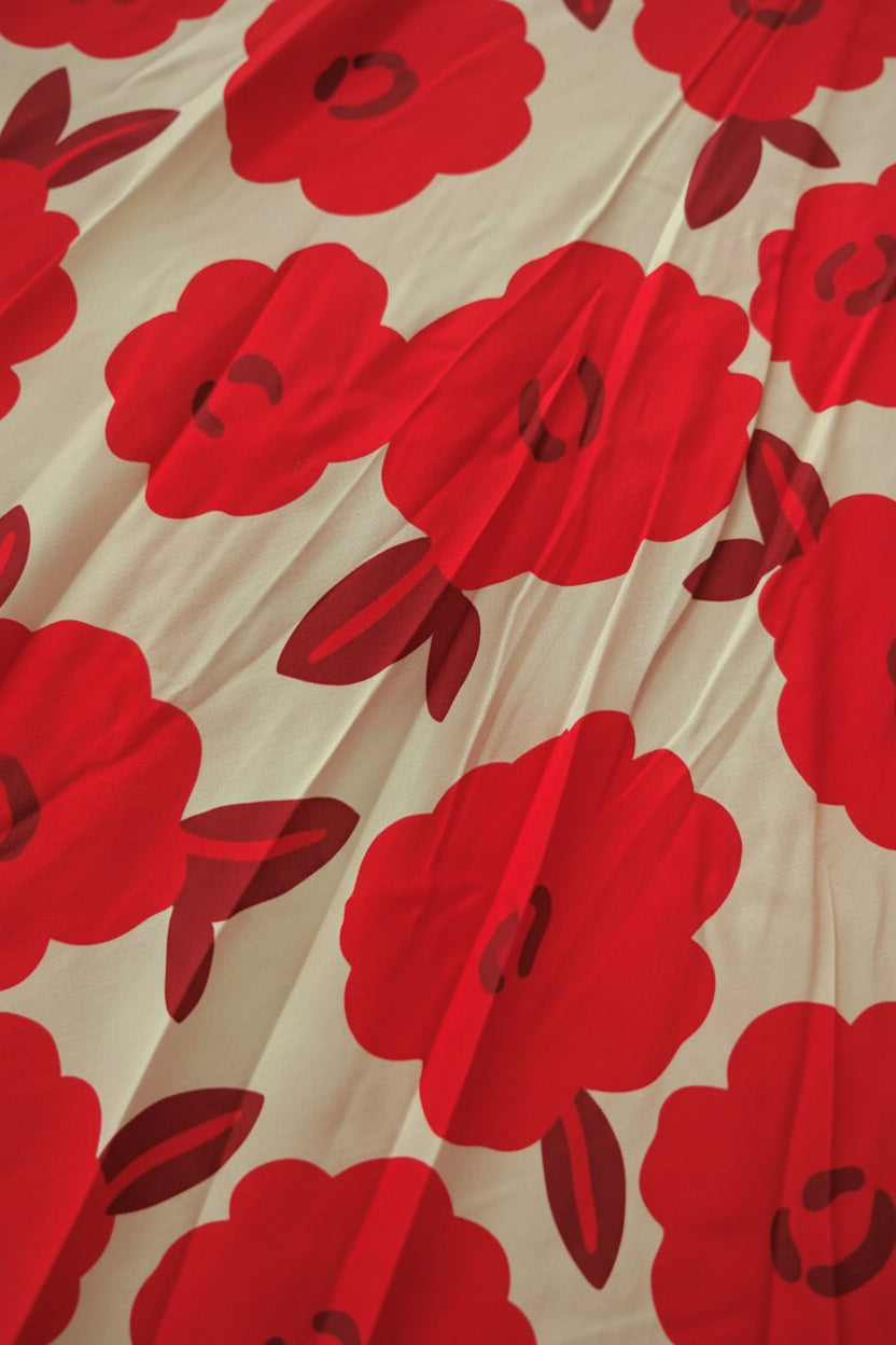 Détail imprimé fleurs graphiques oversize rouge fond blanc du Top caraco Dala — viscose fluide, Made in Italy — ineva
