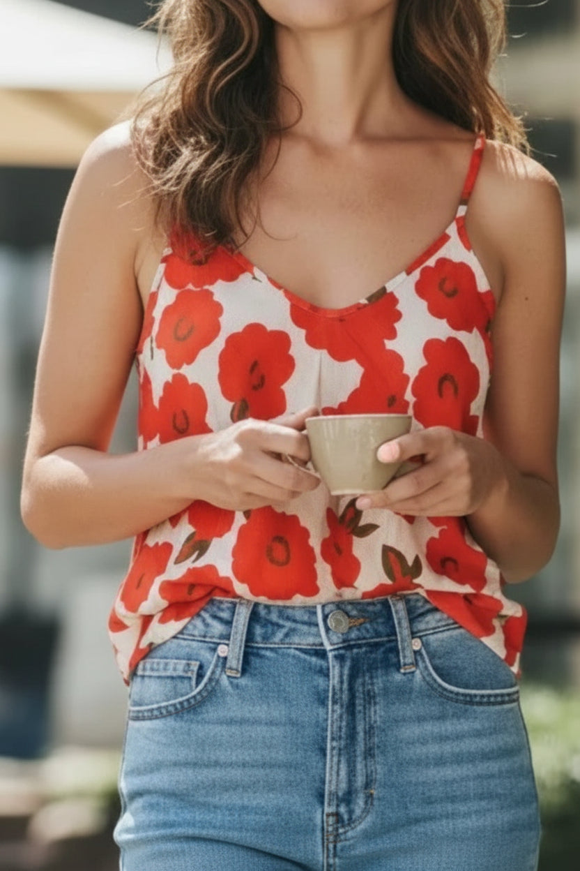 Top caraco Dala rouge imprimé fleurs graphiques oversize porté avec jean taille haute — bretelles fines, col V, coupe trapèze, viscose fluide, taille unique 36/40, Made in Italy — ineva
