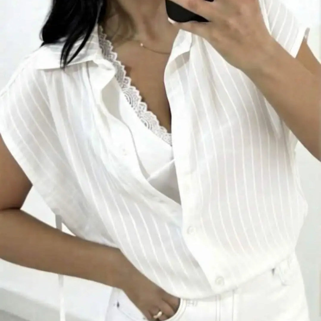 Top Eden 2 en 1 Débardeur Bordé Dentelle & Chemise Voile Rayé – Made in Italy, Taille 34-40