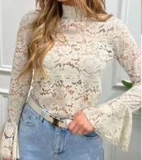 Top Jad en dentelle beige bohème manches longues - Vue produit