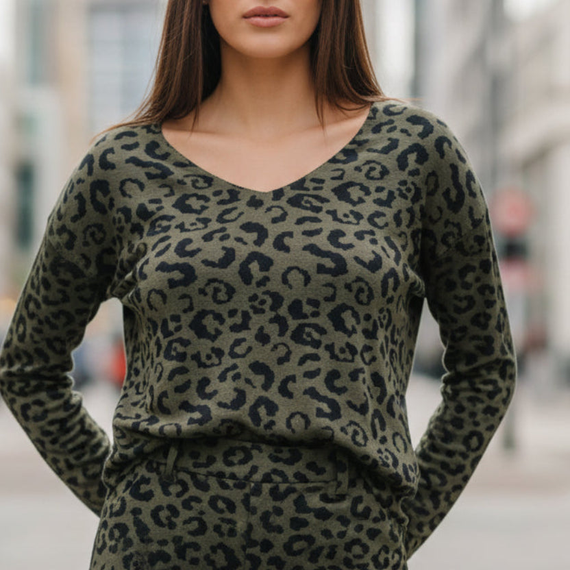 Top Jensy - Top Femme Col V Imprimé Léopard Manches Longues Jersey