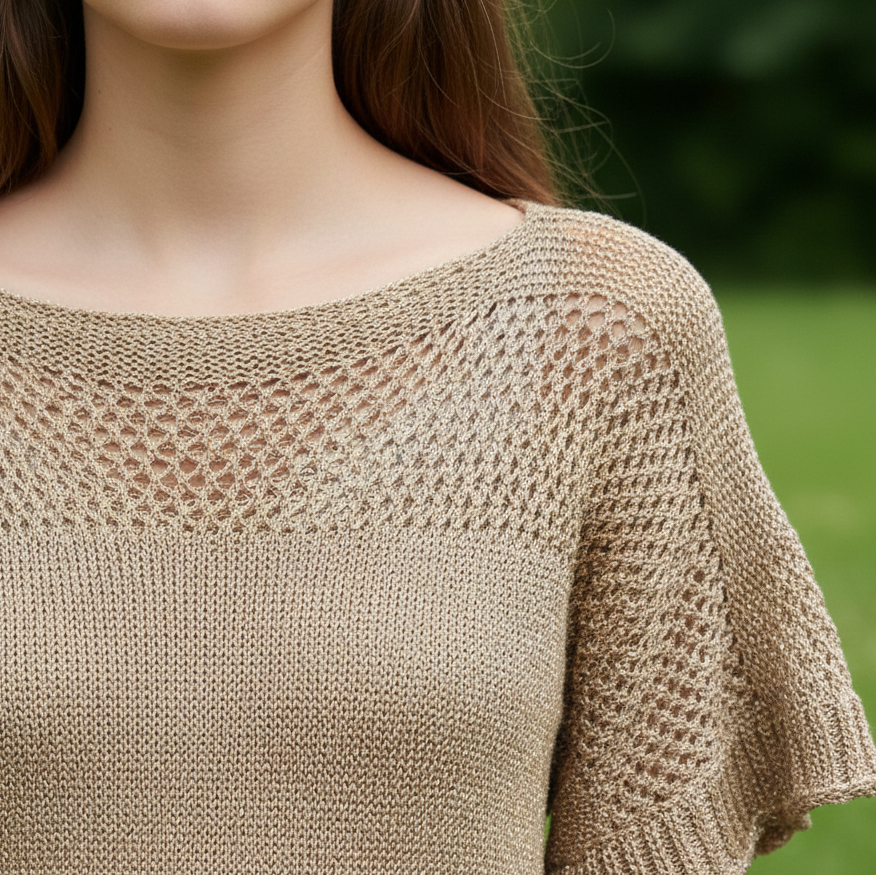 Top Lor Maille Dorée Ajourée Col Bateau – 80% Viscose 20% Fibre Métallique, Made in Italy, Taille 36-42