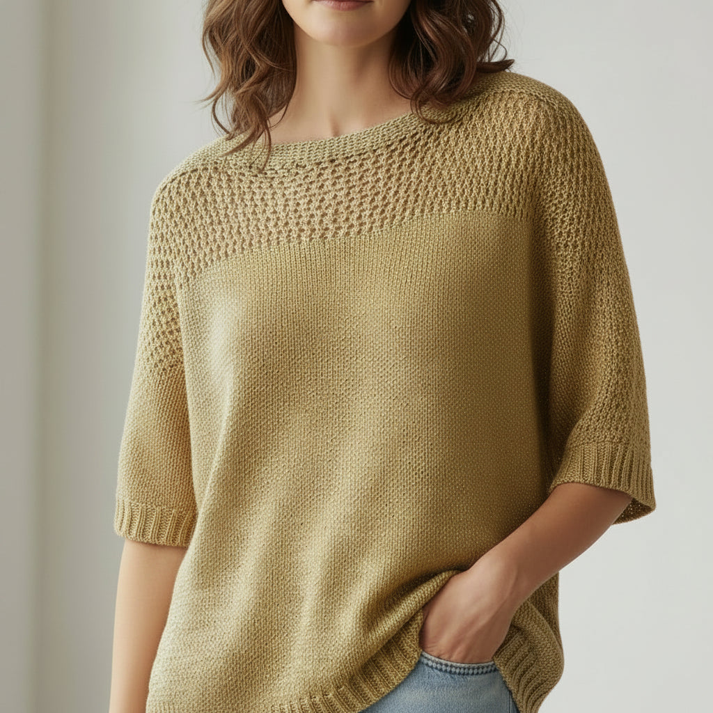 Top Lor Maille Dorée Ajourée Col Bateau – 80% Viscose 20% Fibre Métallique, Made in Italy, Taille 36-42