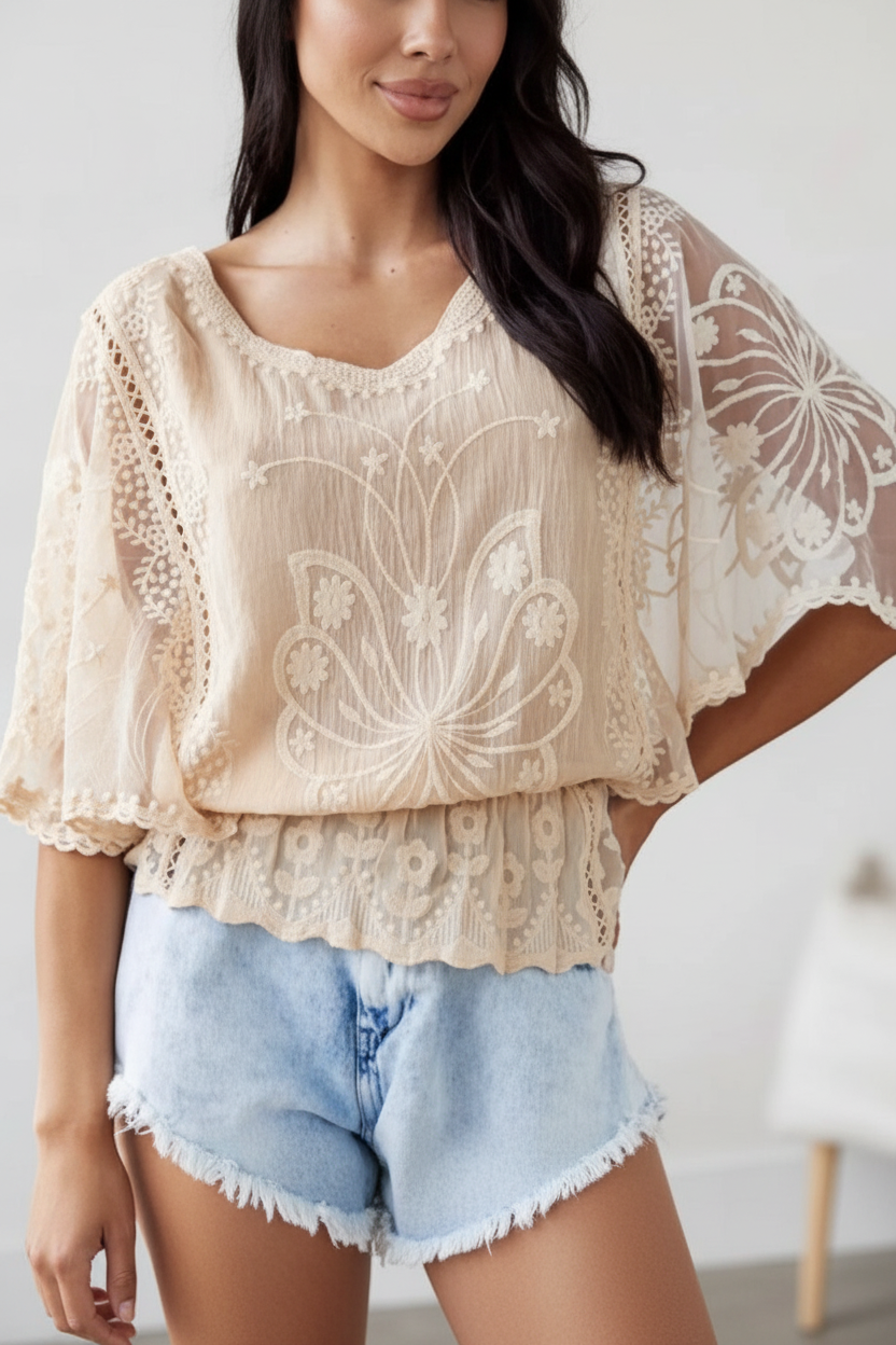 Top Crochet Résille Louise — Col V Manches Poncho Taille Unique Bohème Femme