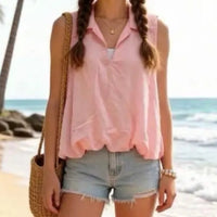 Top Pepa rose porté – sans manches voilage doublé, col polo chic et bas forme boule