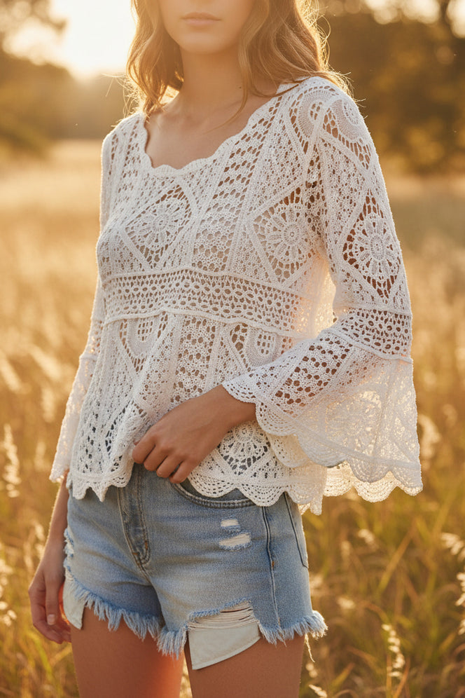 Top Crochet Pia — Manches Colombine Ajourées Col Festonné Coton Boho