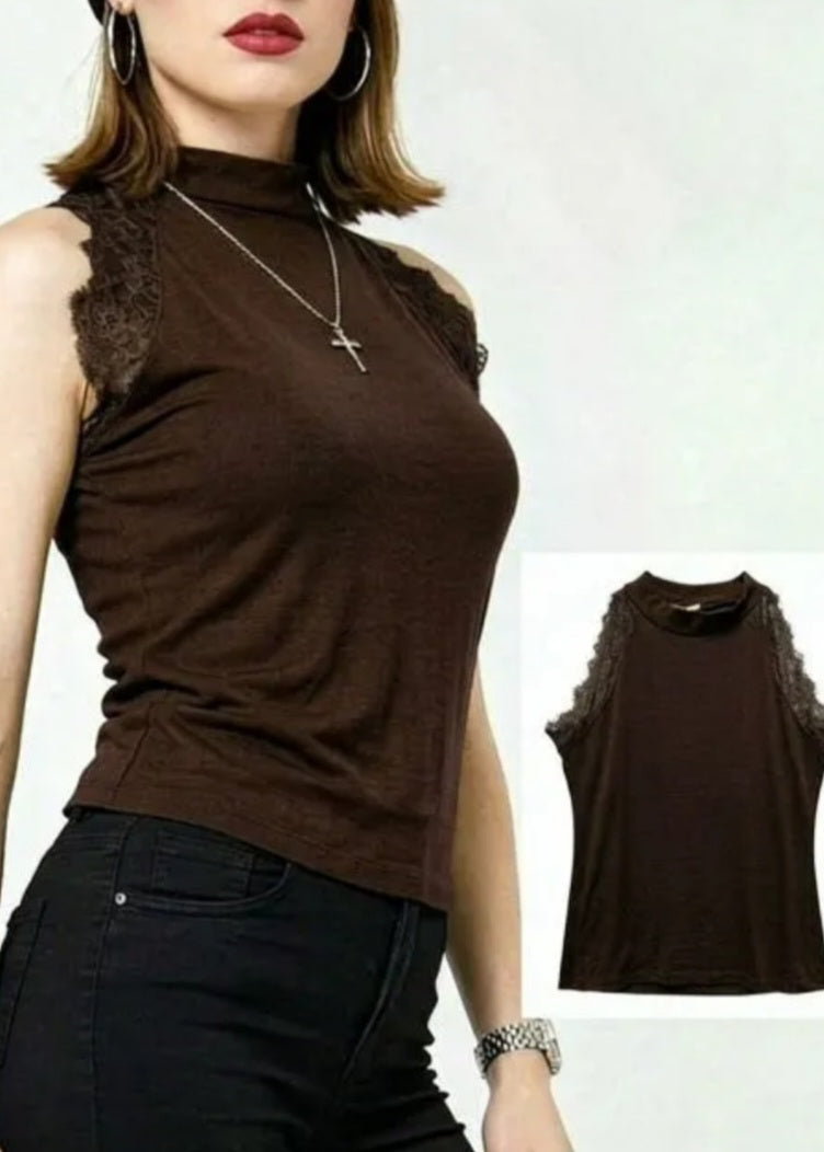 Top Sans Manches Dentelle Tilio — Maille Jersey Col Ras Made in Italy 34/42