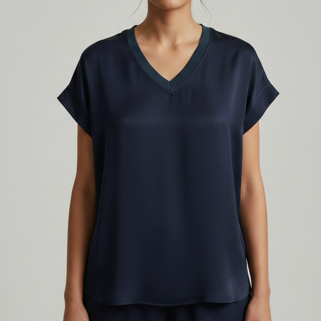 Top Vita Satiné Col V Mancherons – 50% Viscose 50% Soie, Taille Unique 36-42