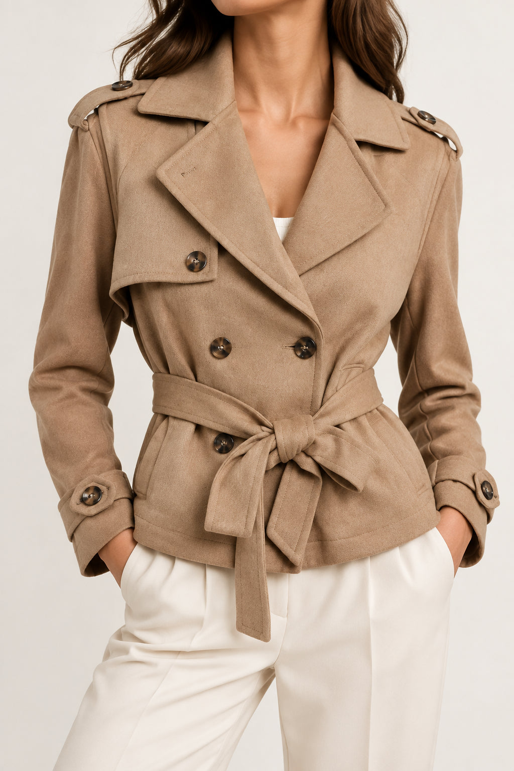 Trench court suédine Sophia camel porté, fermeture croisée et ceinturée
