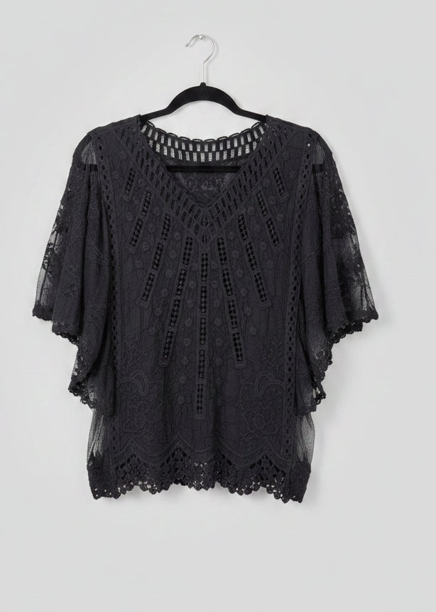 Top Crochet Résille Louisa — Col V Manches Poncho Taille Unique Bohème Femme