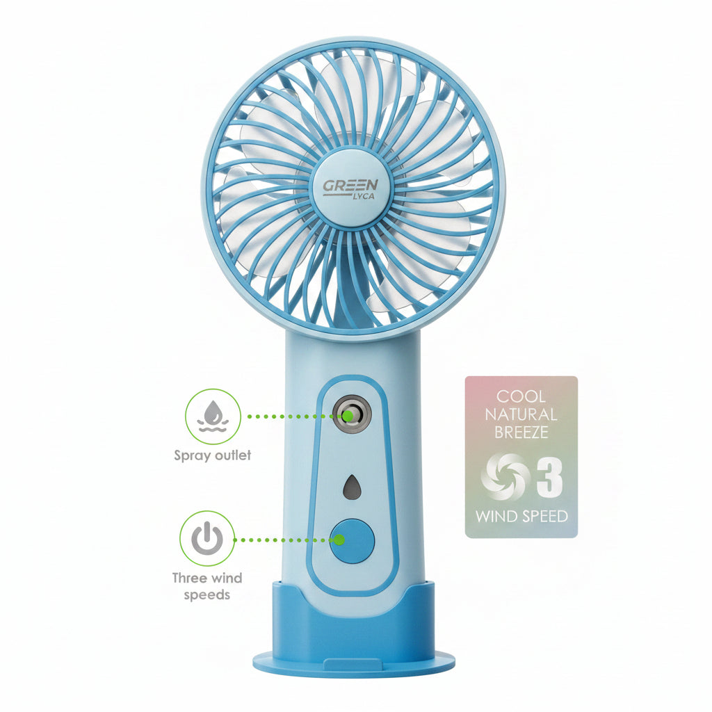 Ventilateur brumisateur Pnoé bleu - face avant avec bouton ventilation 3 vitesses et bouton brumisation marche arrêt - ineva
