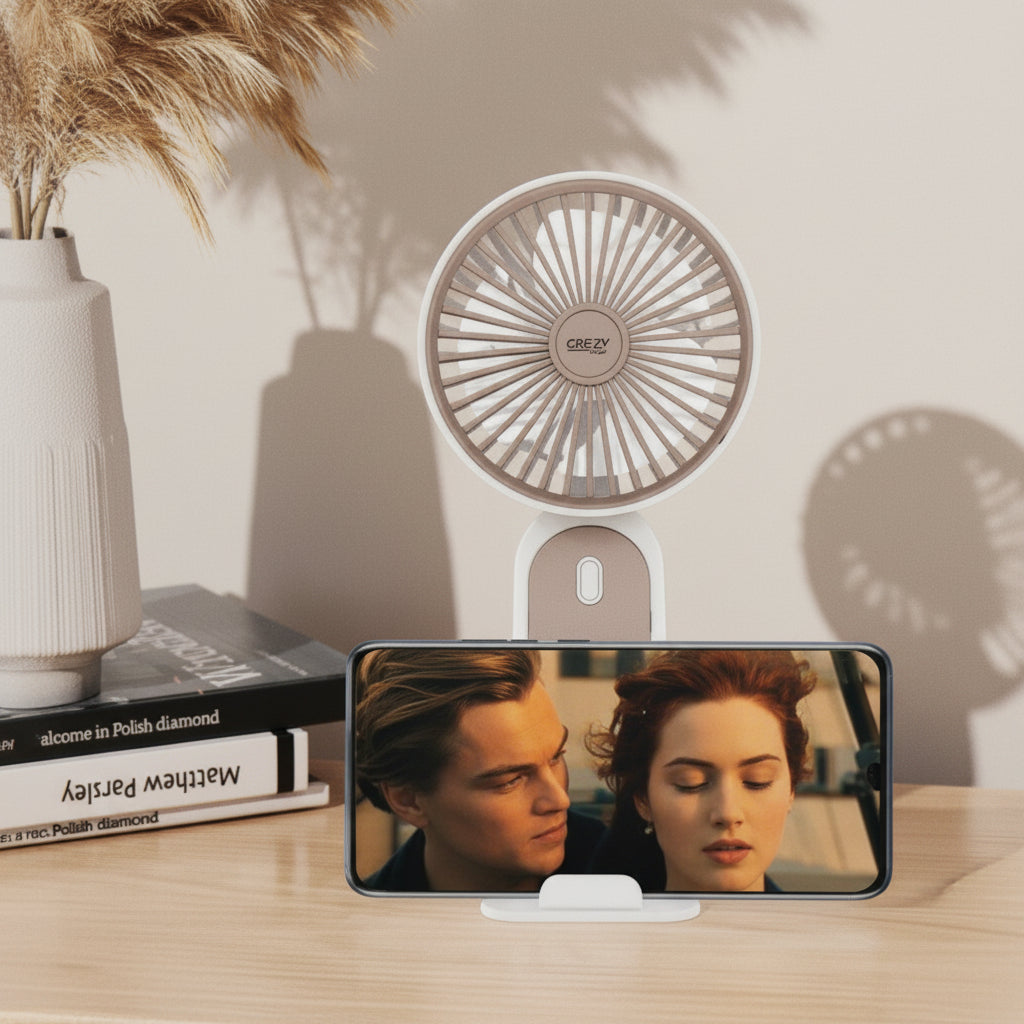 Ventilateur à main Zeph posé sur son support - smartphone calé sur la base - mode mains libres bureau - ineva
