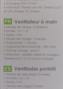 Fiche technique du Ventilateur Ventilochat — caractéristiques : 3 vitesses, 5V 1A, autonomie 1h, batterie 500mAh, port USB-C
