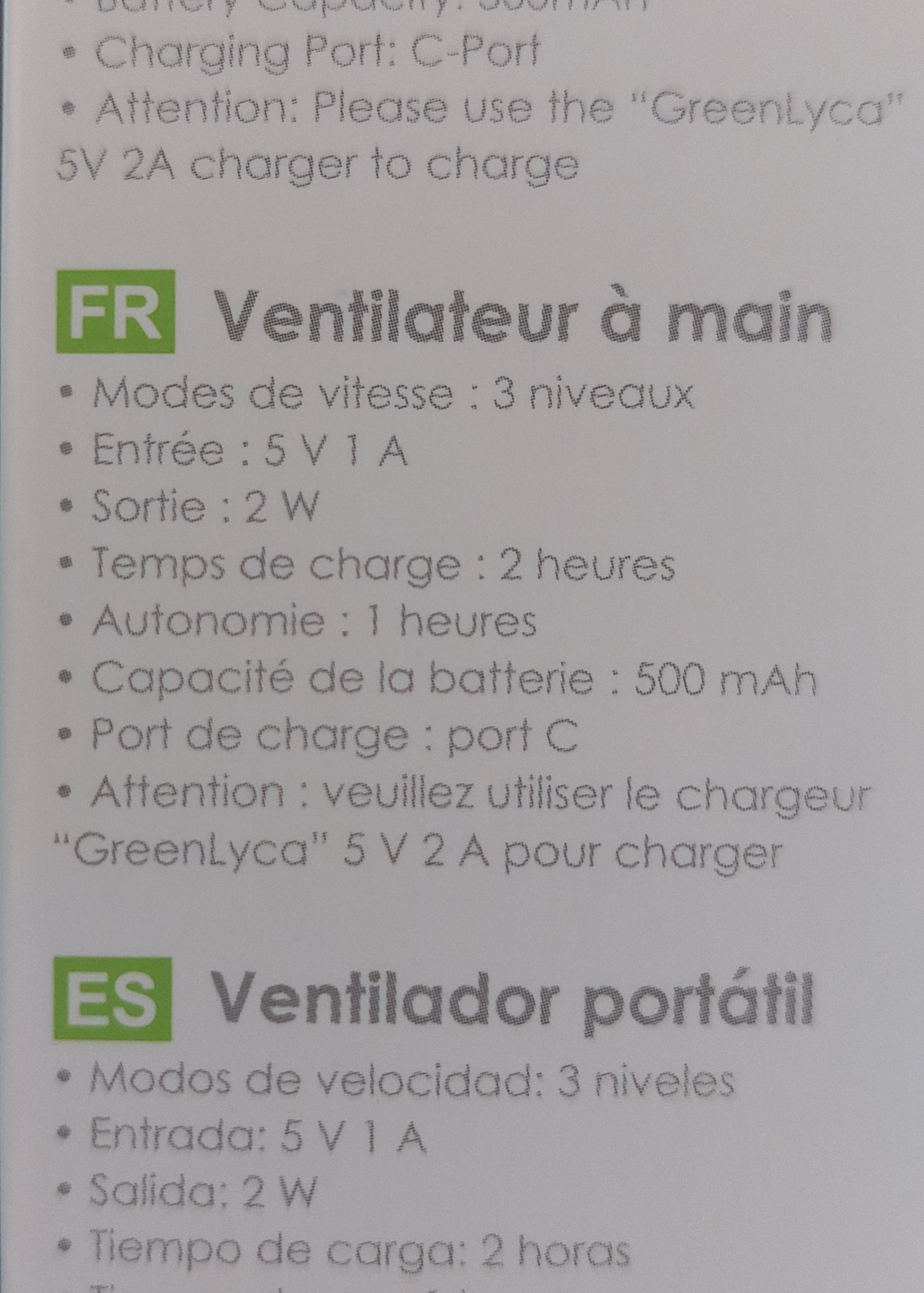 Fiche technique du Ventilateur Ventilochat — caractéristiques : 3 vitesses, 5V 1A, autonomie 1h, batterie 500mAh, port USB-C
