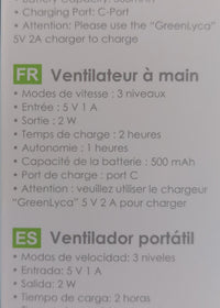 Fiche technique du Ventilateur Ventilochat — caractéristiques : 3 vitesses, 5V 1A, autonomie 1h, batterie 500mAh, port USB-C
