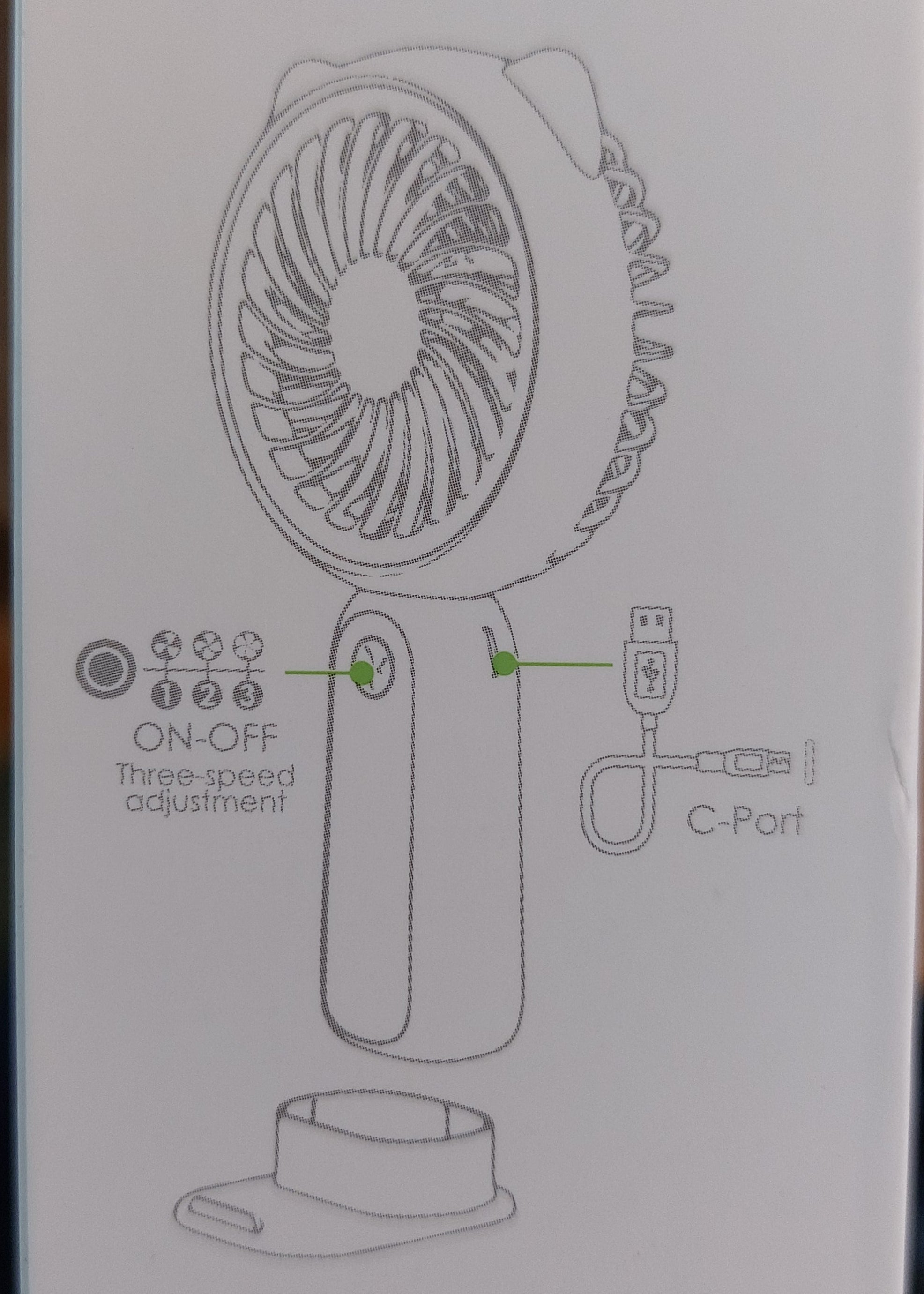 Notice d'utilisation du Ventilateur Ventilochat — bouton ON/OFF 3 vitesses et port de charge USB-C illustrés

