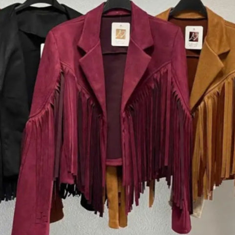 Veste Courte suedine Femme CROKETT - Veste à Franges 4 Coloris Disponibles Taille Unique 34/40