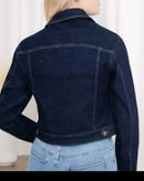Blouson jean brut Erina dos – coupe courte ajustée denim indigo foncé, coutures contrastantes, finition Made in Italy
