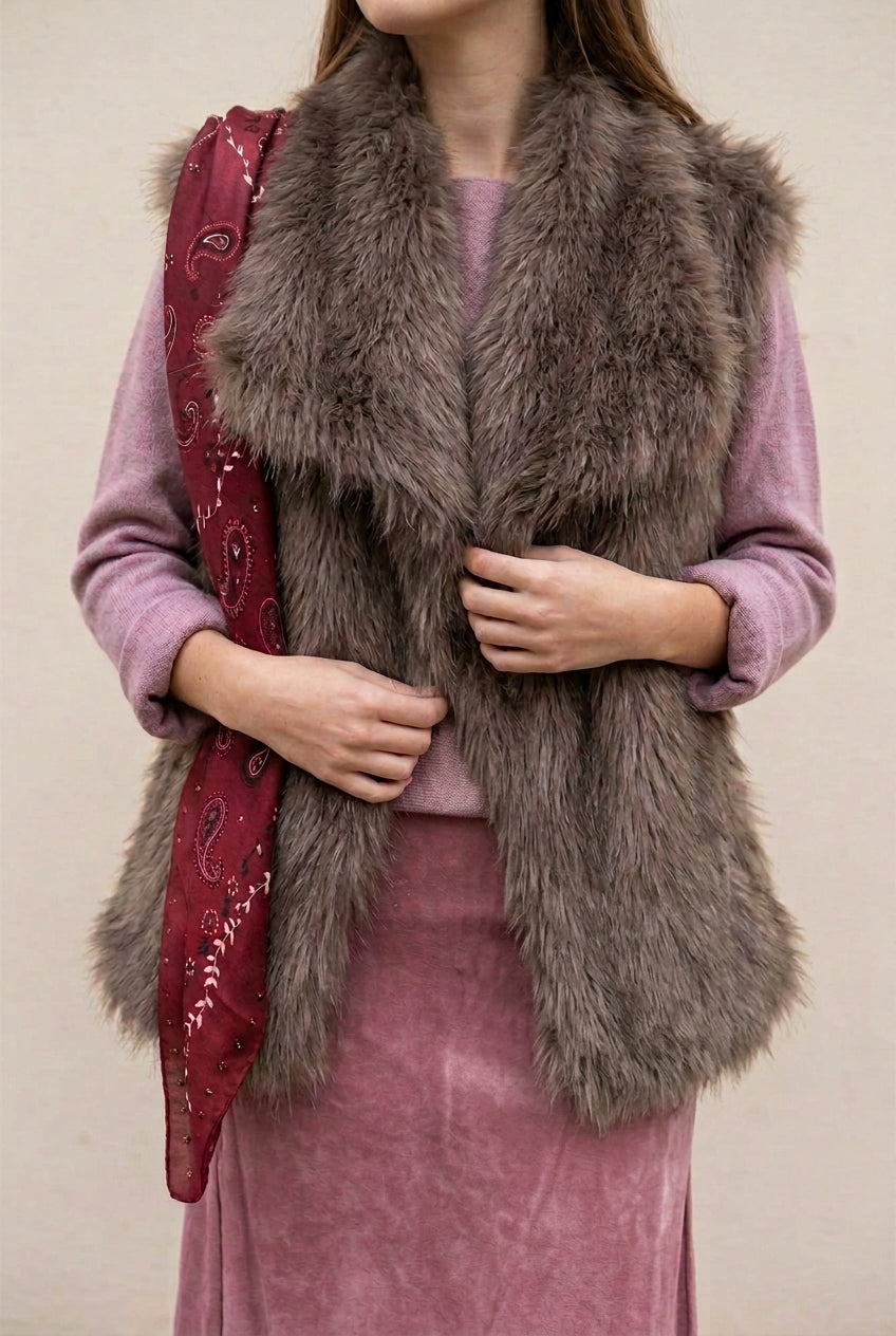 Gilet sans manches Loren choco en fausse fourrure à poils longs, porté sur un pull rose et sa jupe en satin assortie.