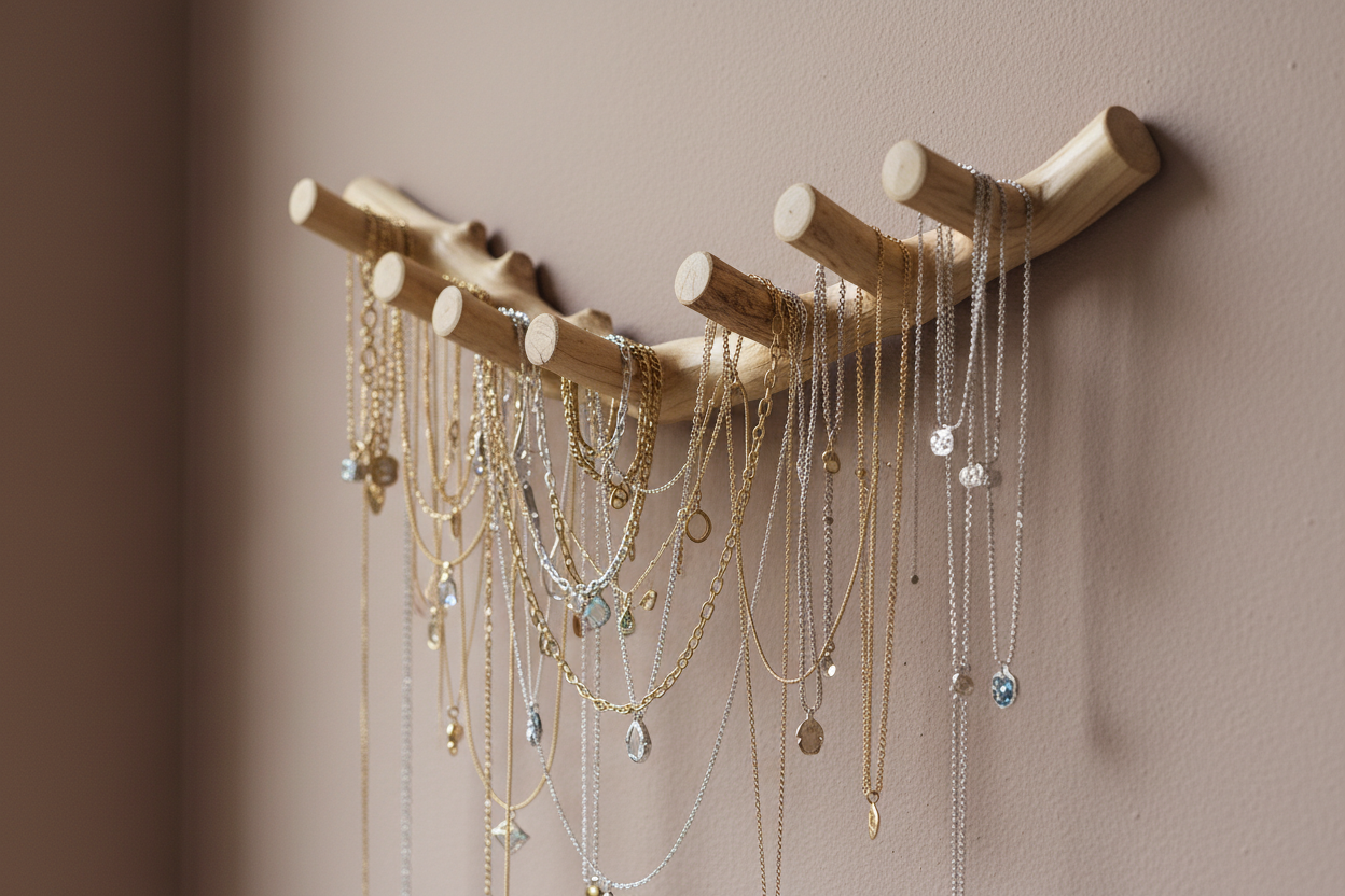 accumulation de bijoux pendus a des pateres en bois sur fond beige rosé