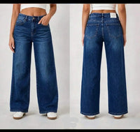 Jean wide leg Thomas denim bleu face et dos fond blanc – coupe droite taille haute, délavé moyen, 5 poches, Made in Italy
