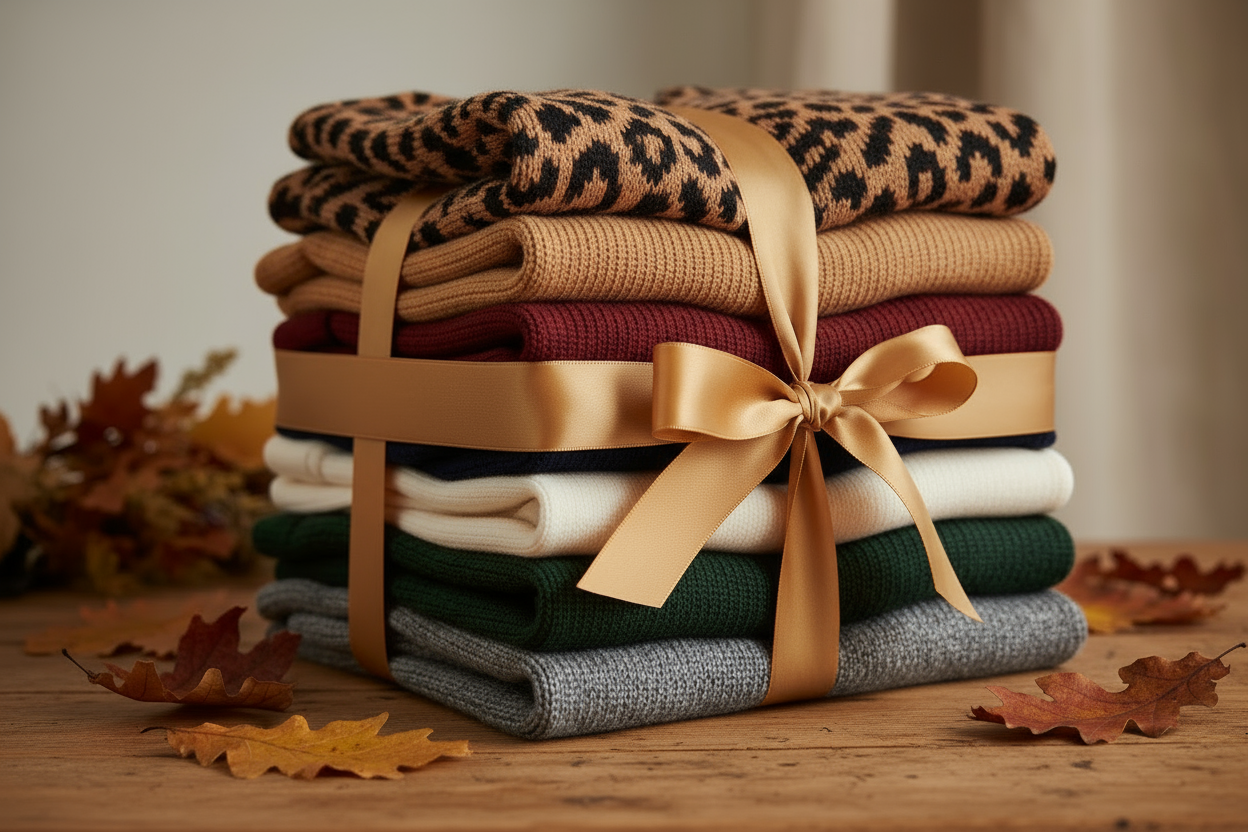 Pile de pulls en maille colorés avec léopard enrubanée pour collection La maille