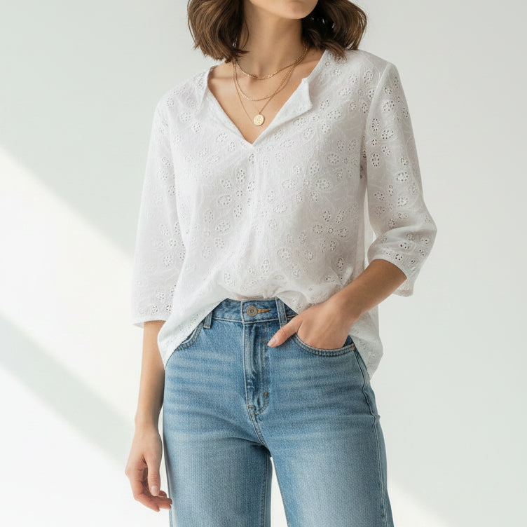 Tunique Seta Broderie Anglaise Col V Manches Courtes – Blanche, Taille Unique 36-40