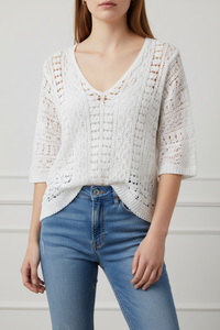 Top Crochet Evan — Col V Manches Longues Blanc Naturel Made in Italy