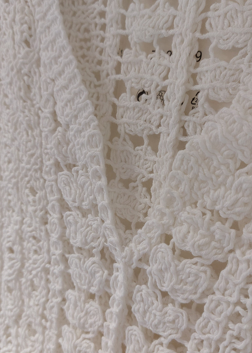 Top Crochet Evan — Col V Manches Longues Blanc Naturel Made in Italy