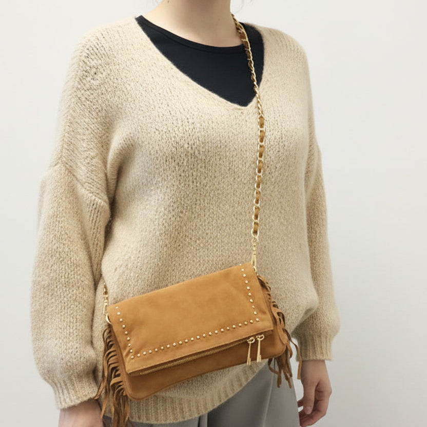 Sac Croisette Cuir Nubuck - Rabat Zip Clous Dorés Chaînette Femme