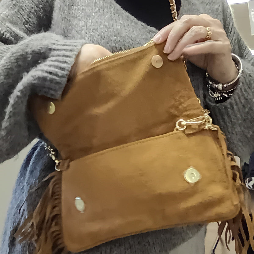 Sac Croisette Cuir Nubuck - Rabat Zip Clous Dorés Chaînette Femme