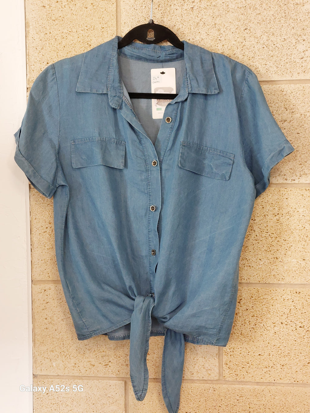 Chemise One Tencel Manches Courtes Nouée – Fausses Poches, Bleu Jean, Taille Unique 36-42